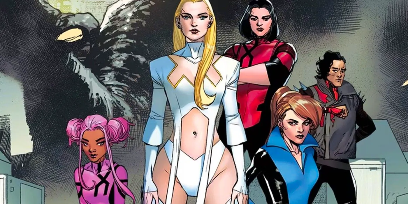 Comic book art: Emma Frost and Kate Pryde stand in front of three new mutants. Image