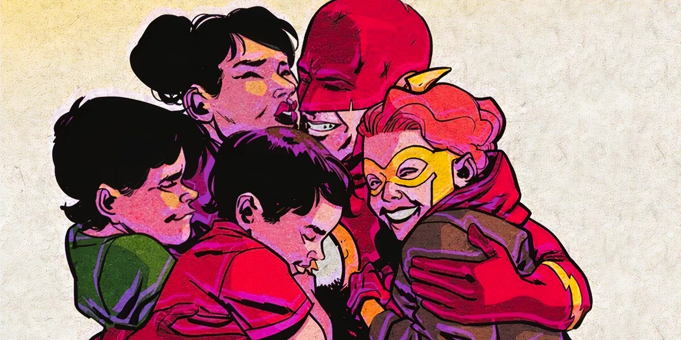 Comic book art: Flash Wally West embraces his entire family, including Linda, Irey, Jai, and Wade. Image