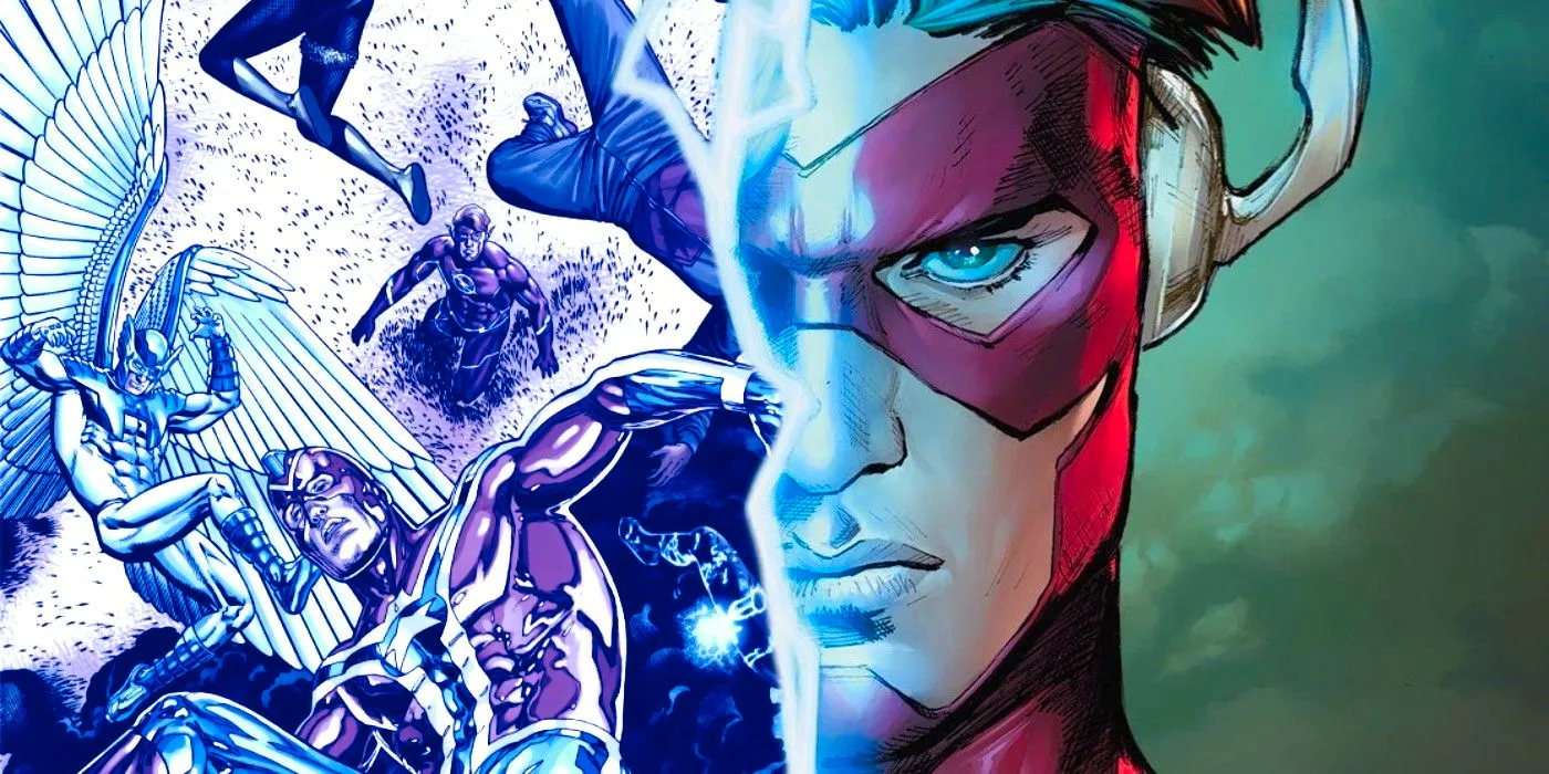 Comic book art: Flash Wally West in his Rebirth suit next to a shot of characters in pain from Heroes in Crisis. Image