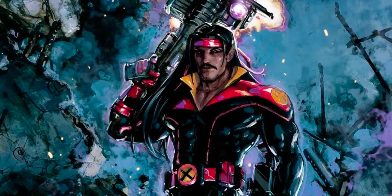 Comic book art: Forge poses with a techno-weapon on his shoulder. Image