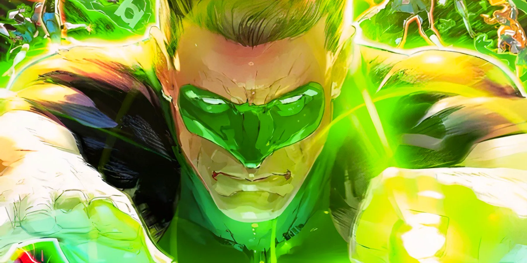 Comic book art: Green Lantern Hal Jordan flies forward, looking serious. Image