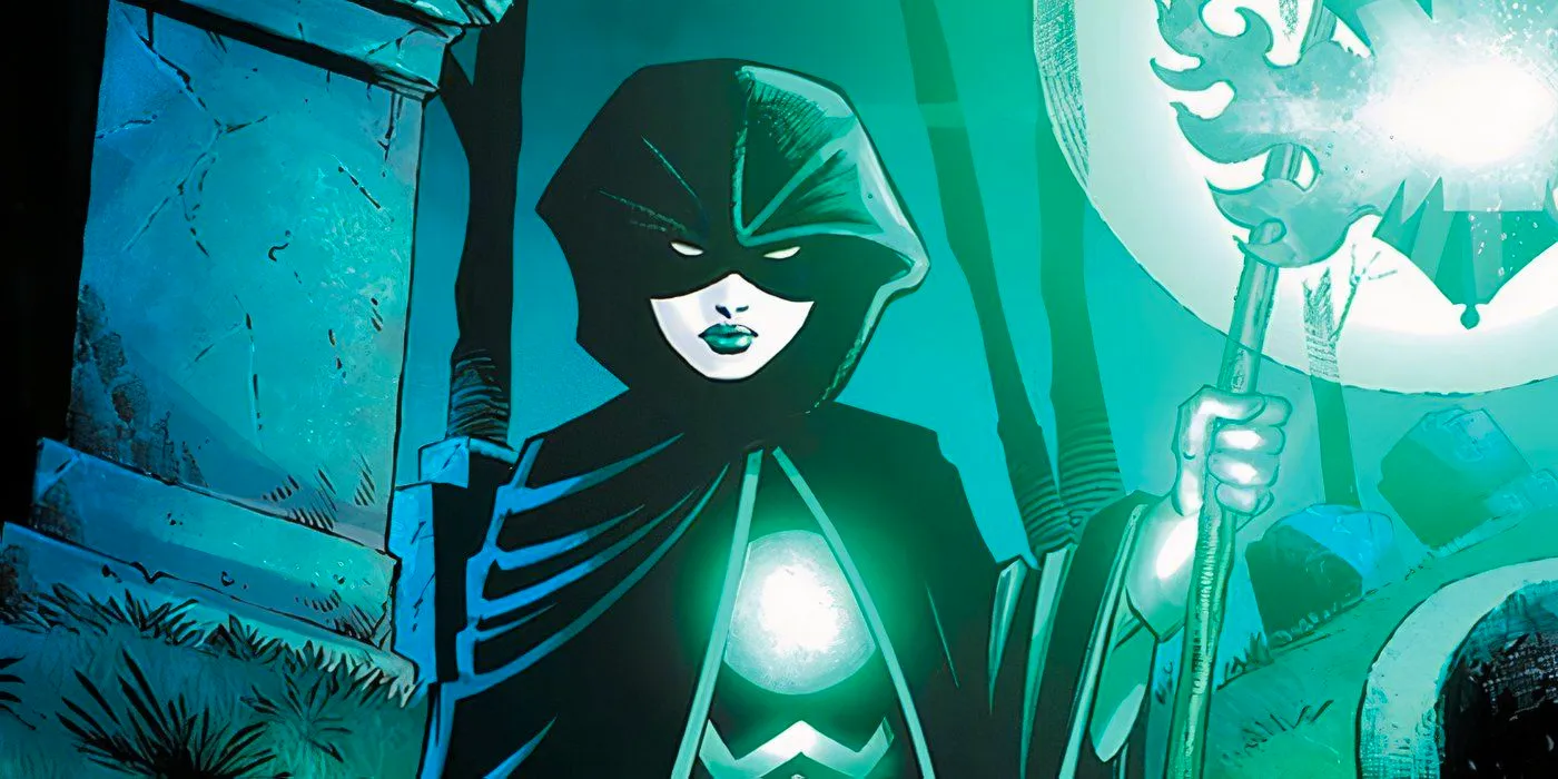 Comic book art: Green Lantern Rina Mori poses while holding her staff. Image