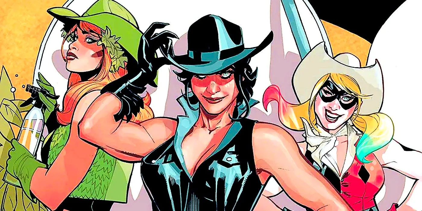 Comic book art: Harley Quinn, Catwoman, and Poison Ivy in cowboy costumes. Image