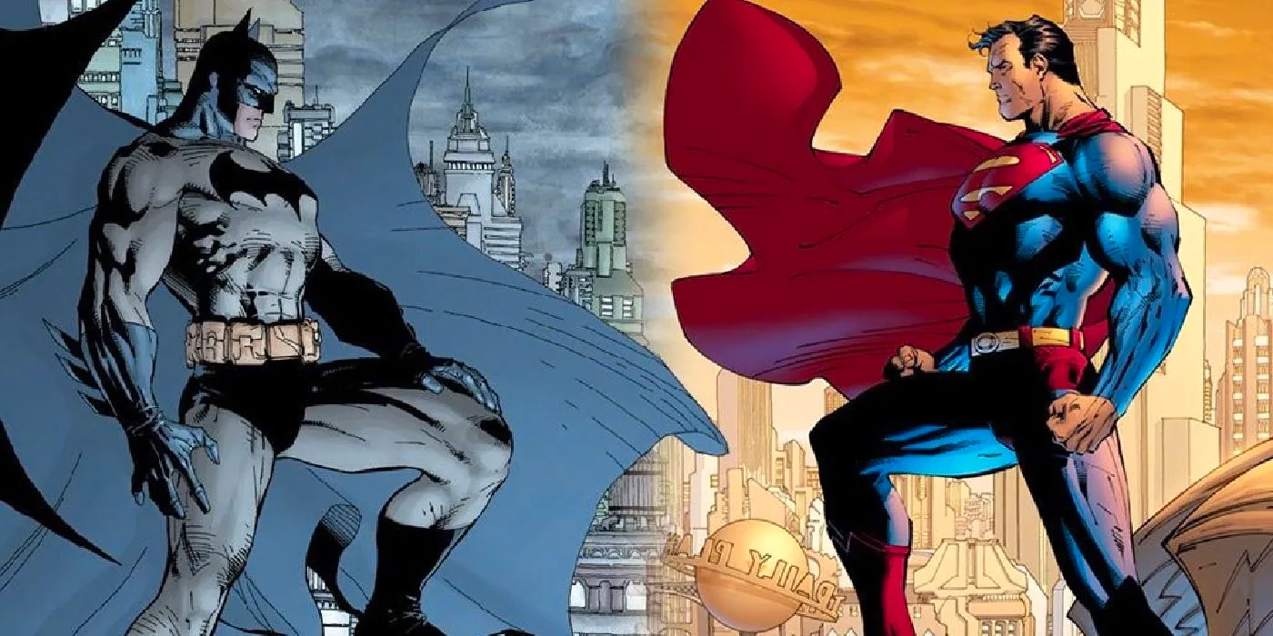 Comic book art: Jim Lee's Batman and Superman staring at each other in profile on top of buildings in their respective cities. Image