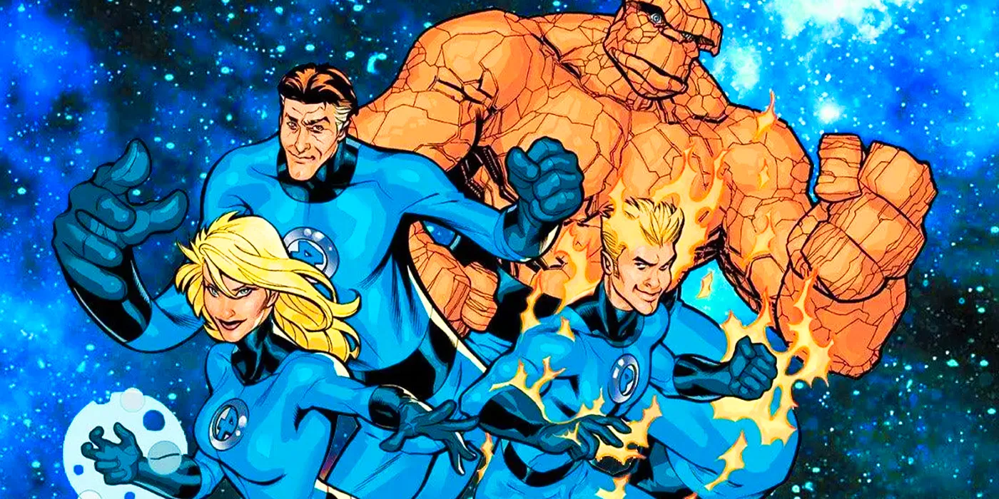 Comic book art: Johnny Storm, the Thing, Reed Richards, and Sue Storm pose together as the Fantastic Four in Marvel Comics. Image