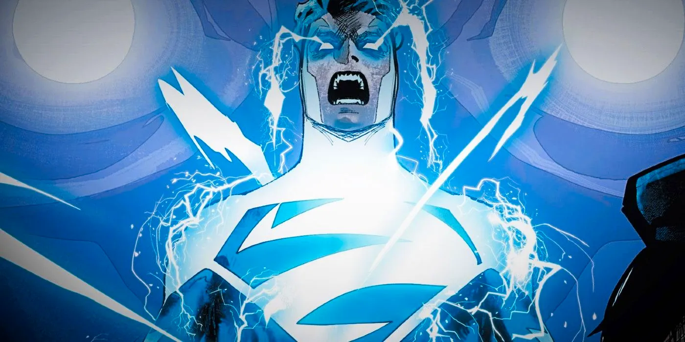 Comic book art: Jon Kent's electric Superman yelling while powered up. Image