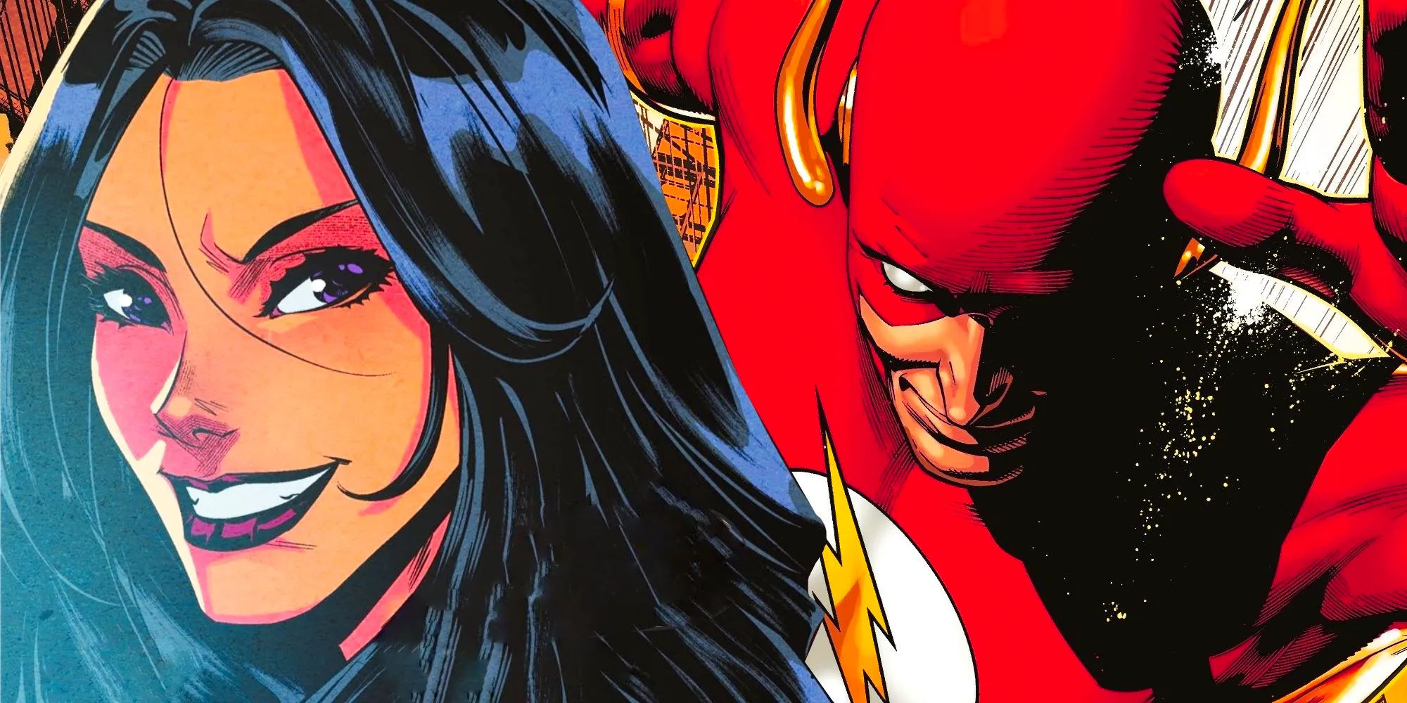 Comic book art: Linda Park West smiles in front of an image of Flash Wally West running with his head down. Image