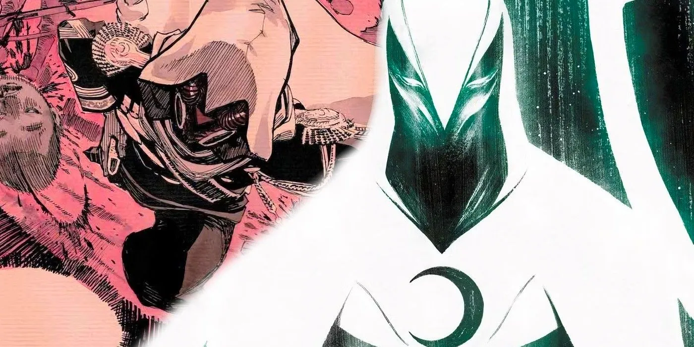 Comic book art: Moon Knight in a white cloak in front of a new design with a strange mask. Image