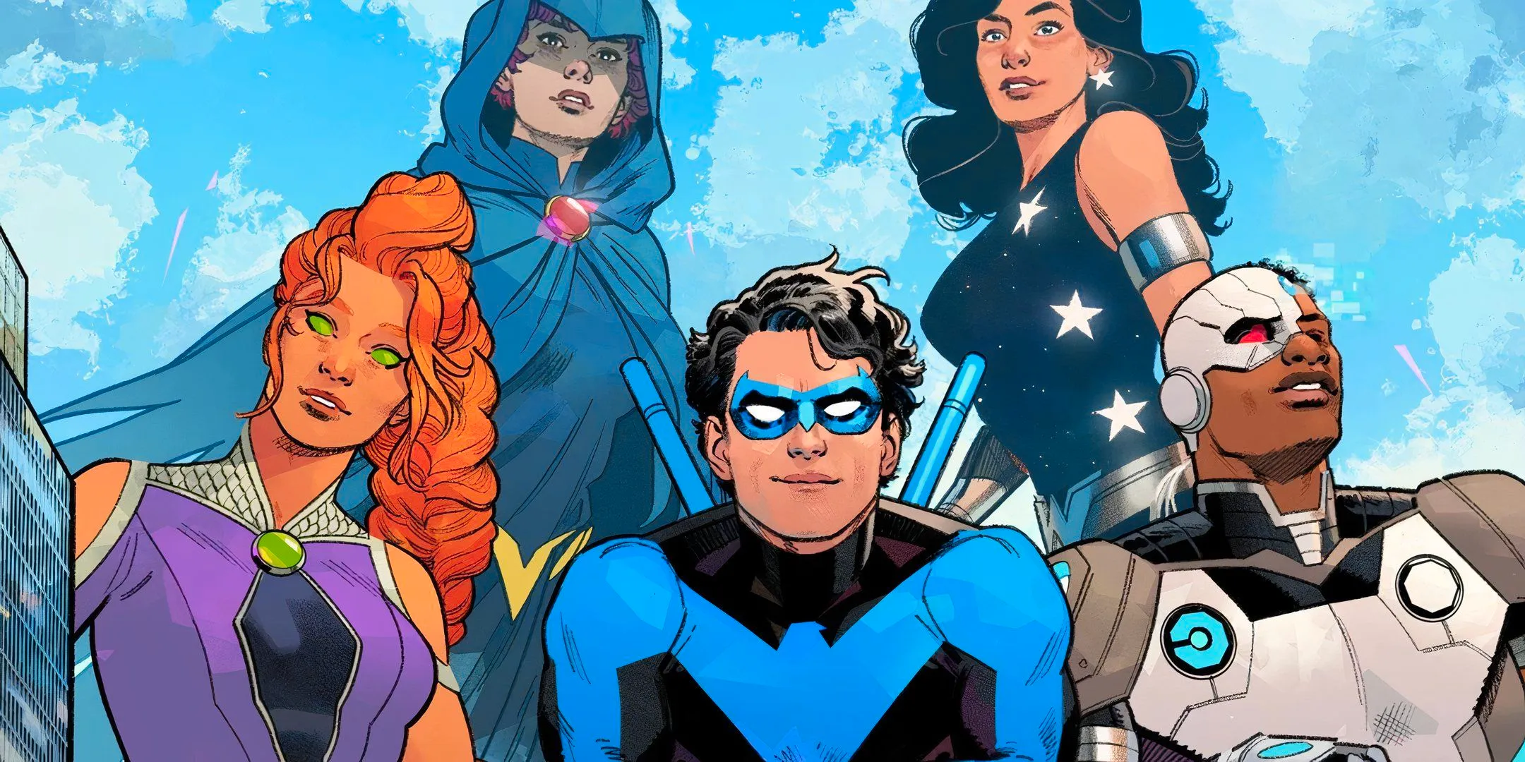 Comic book art: Nightwing, Cyborg, Starfire, Donna Troy, and Raven pose as the Titans. Image