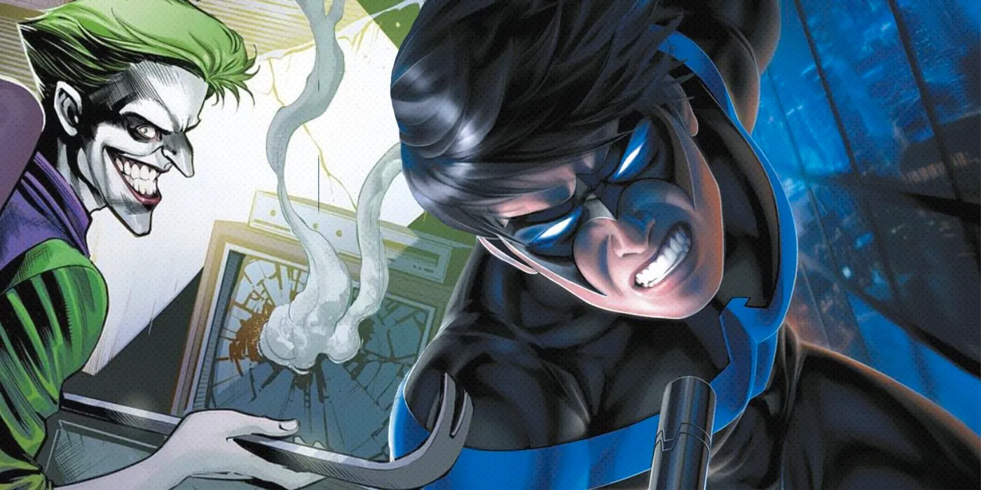 Comic book art: Nightwing grimaces next to the Joker smashing a TV with a crow bar. Image