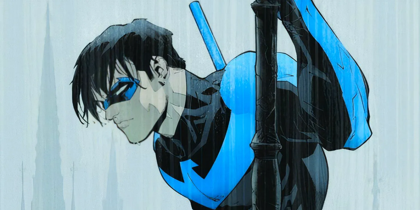 Comic book art: Nightwing holds onto a spire in the rain. Image