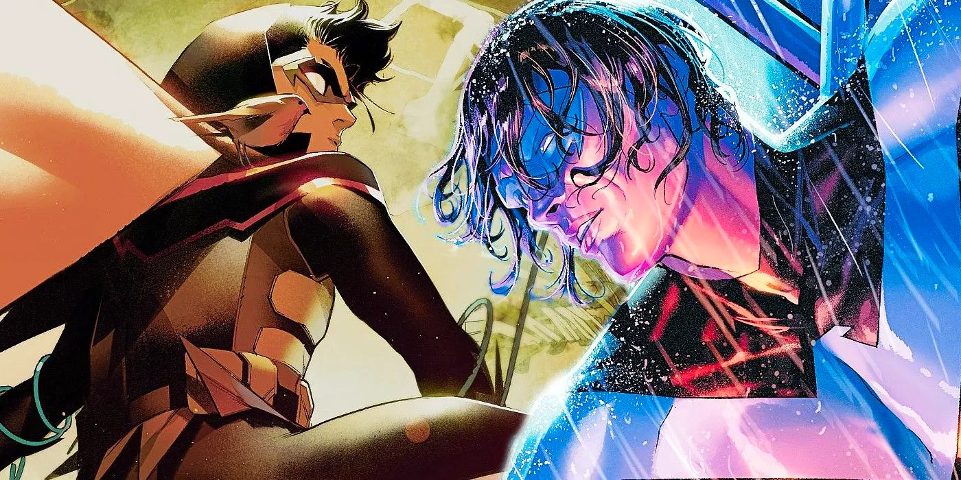 Comic book art: Nightwing in the rain and Robin Damian Wayne looking over his shoulder. Image