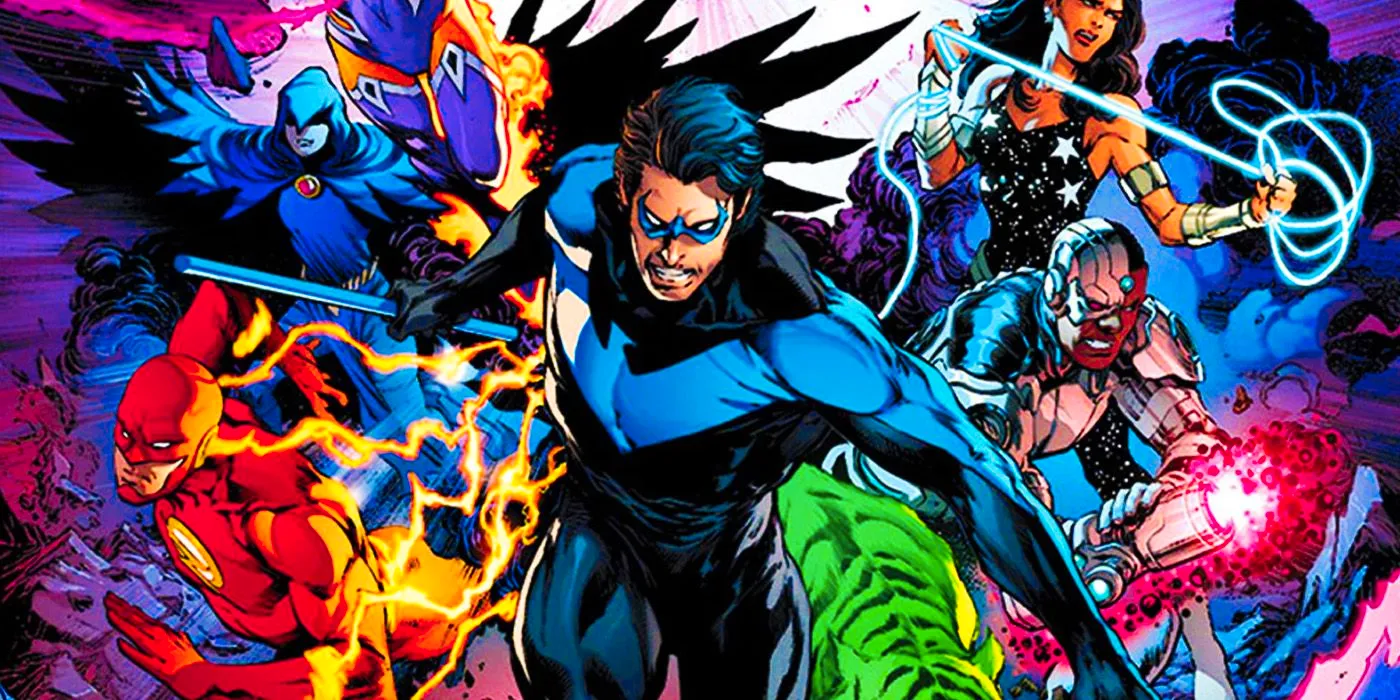 Comic book art: Nightwing leads the Titans in battle. Image