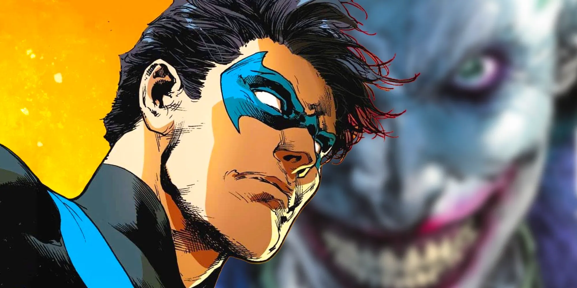 Comic book art: Nightwing looks serious over a blurred image of a grinning Joker. Image