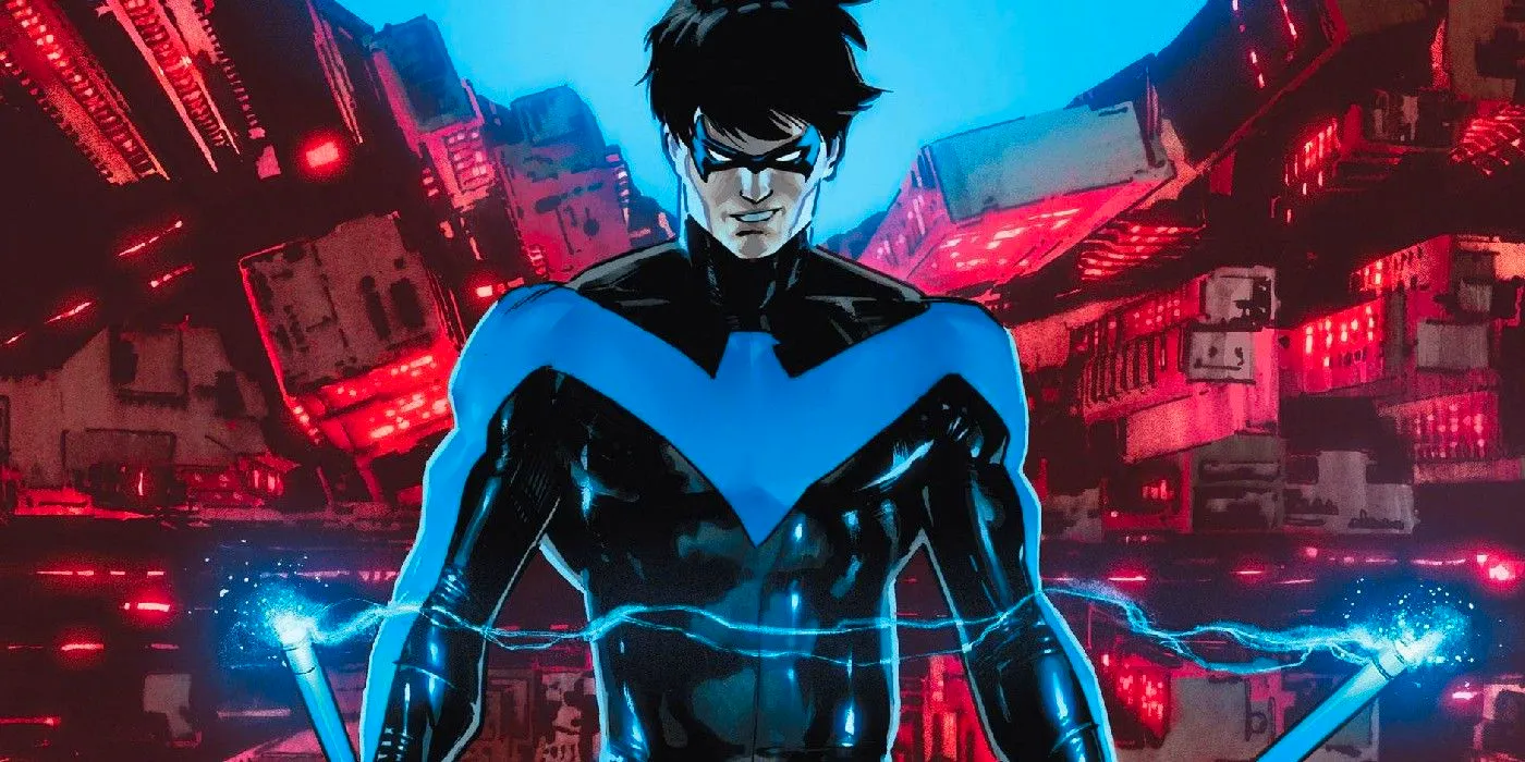 Comic book art: Nightwing poses with escrima sticks above a shor of Bludhaven. Image