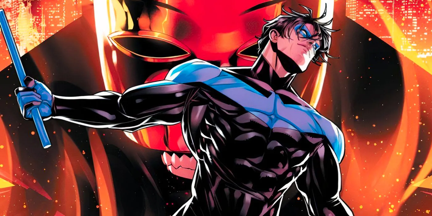 Comic book art: Nightwing spreads his arms in front of Heartless. Image