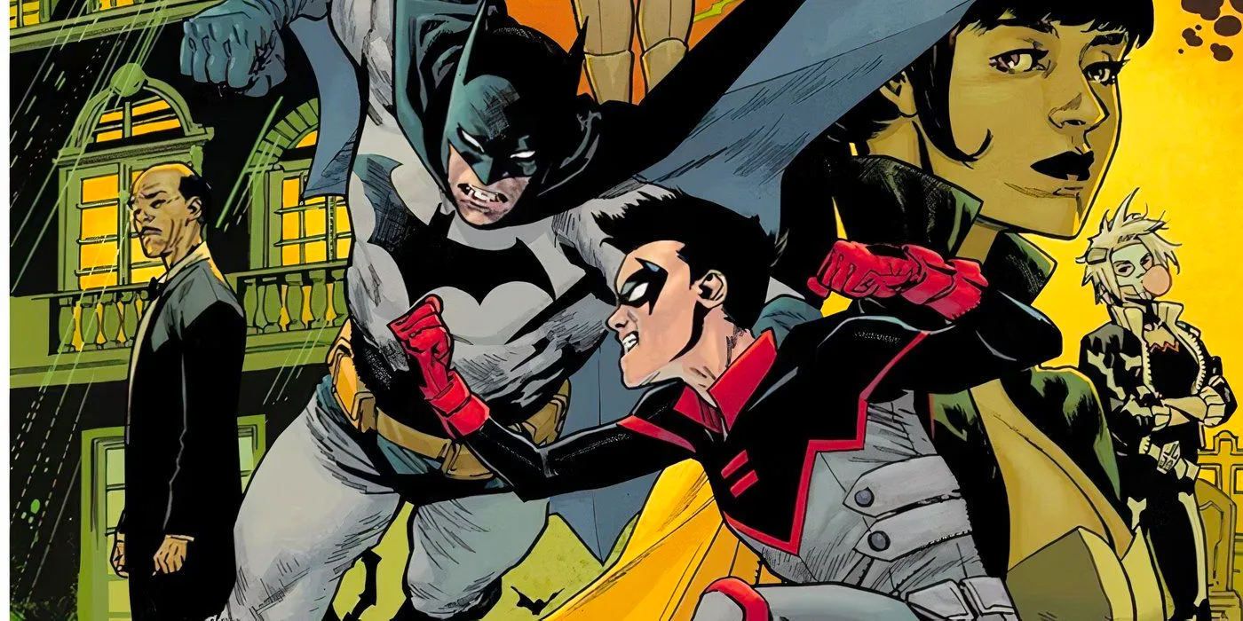 Comic book art: Robin Damian Wayne and Batman about to fight each other. Image