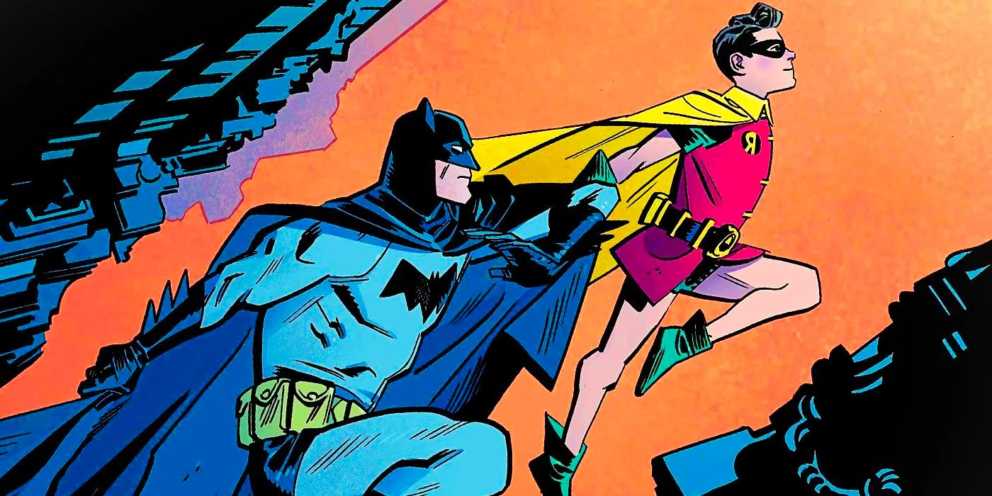 Comic book art: Robin Dick Grayson and Batman leap through Gotham. Image