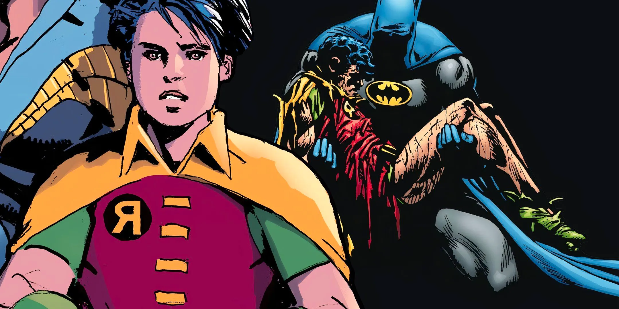 Comic book art: Robin Not Wearing His Mask While Batman Cradles Dead Jason Todd. Image