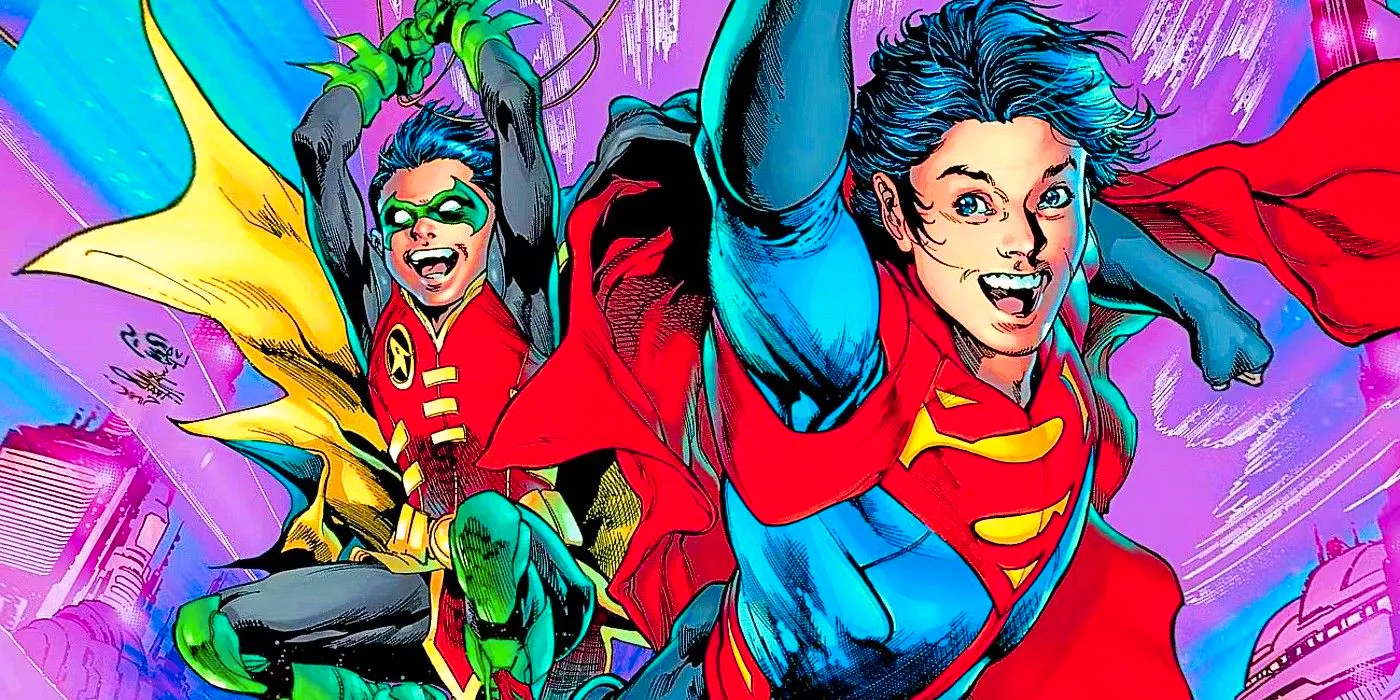 Comic book art: Superboy Jon Kent and Robin Damian Wayne leap forward, grinning, as the Super Sons. Image