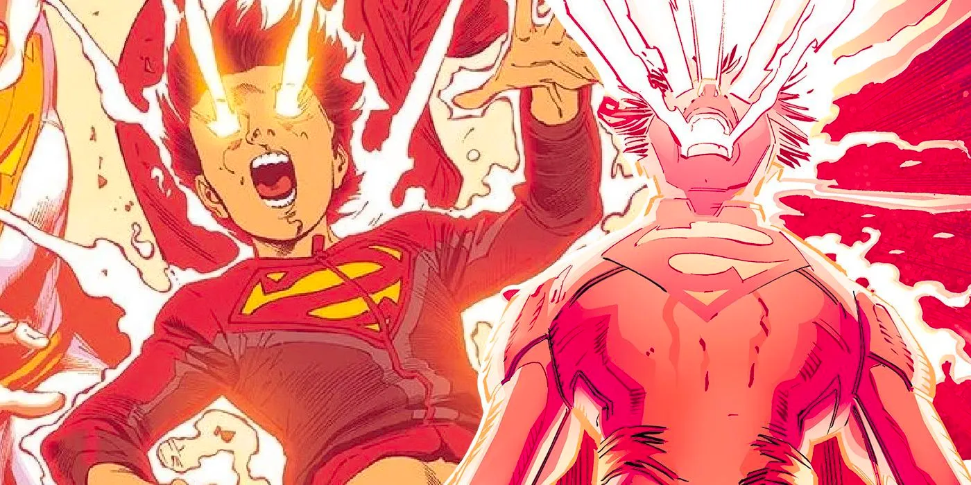 Comic book art: Superman and Superboy Jon Kent experience a solar flare event. Image