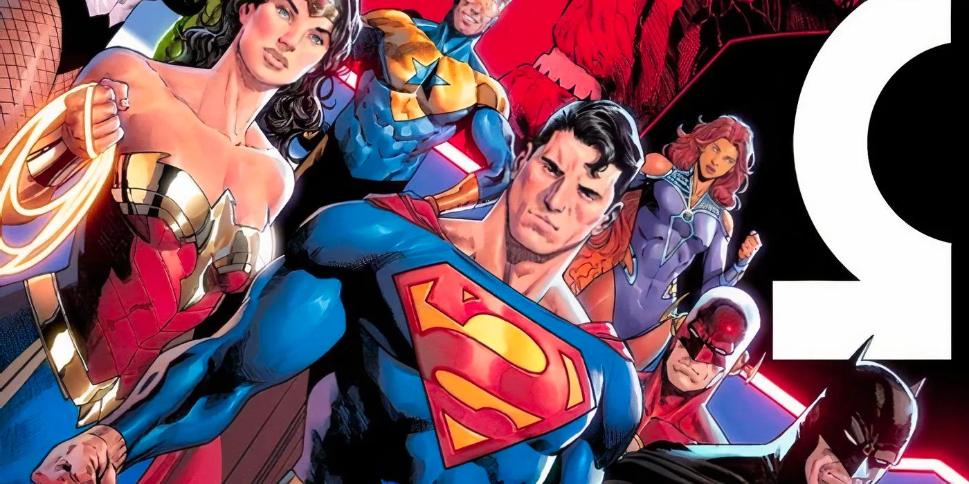 Comic book art: Superman leads the Justice League heroes for DC All In. Image