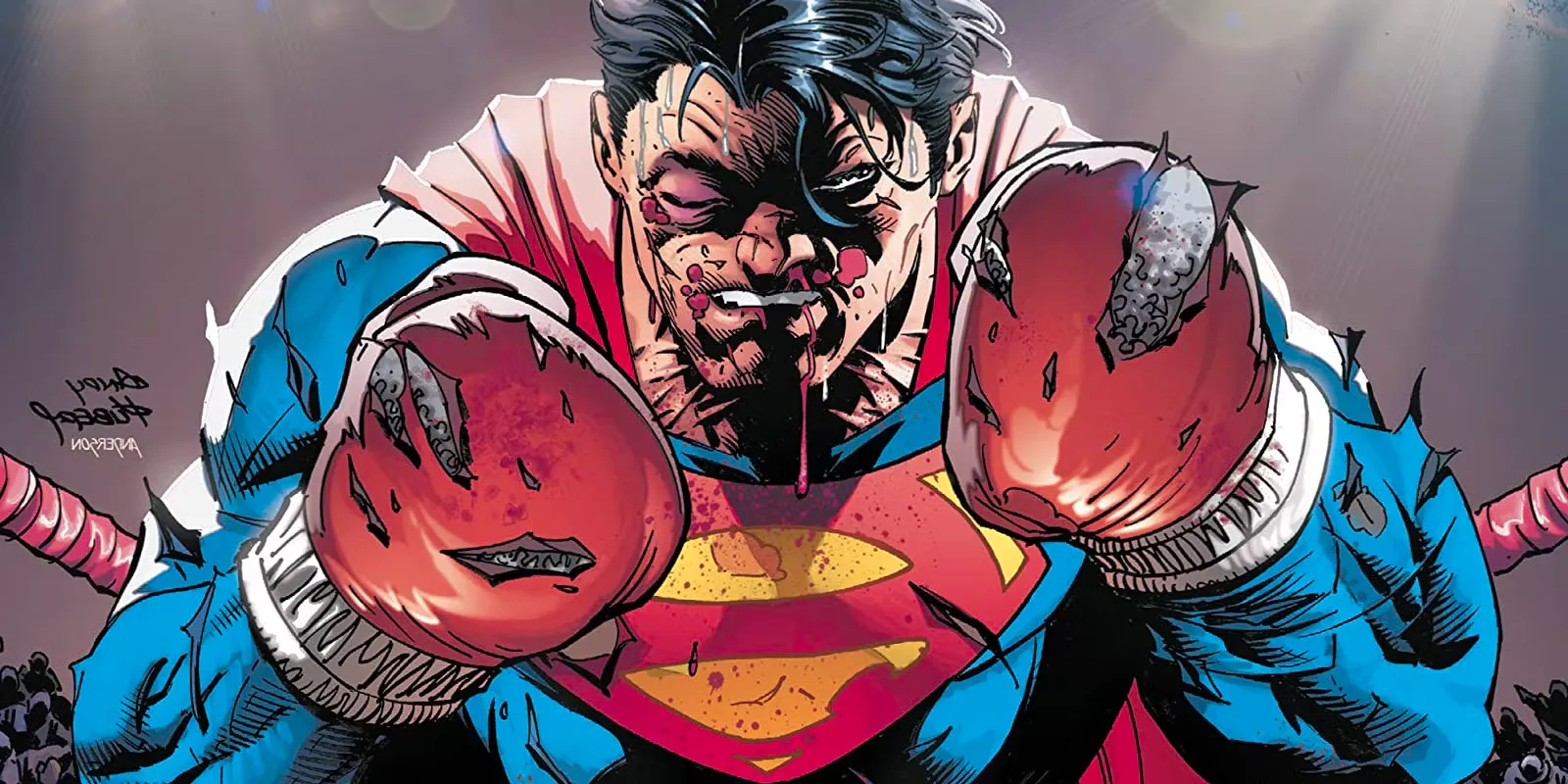 Comic book art: Superman looks beat up and bloody while wearing boxing gloves. Image