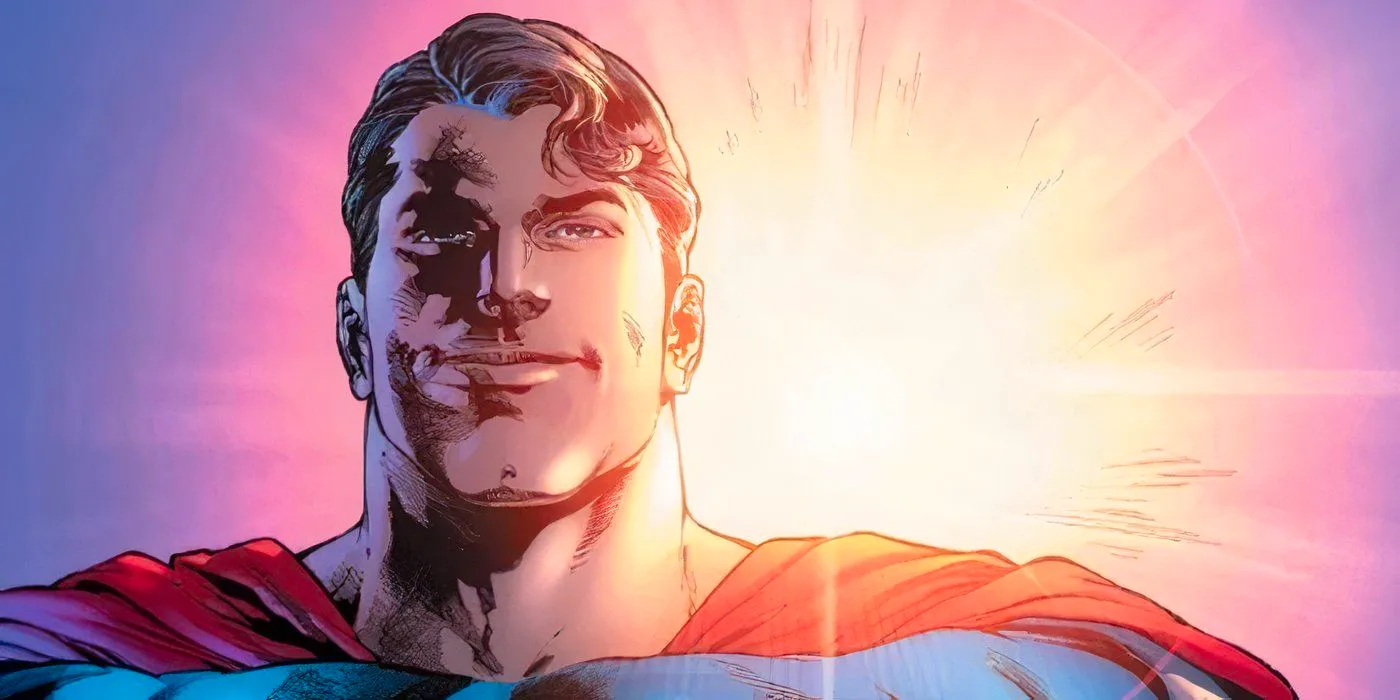 Comic book art: Superman smiles in front of a glowing sunset. Image