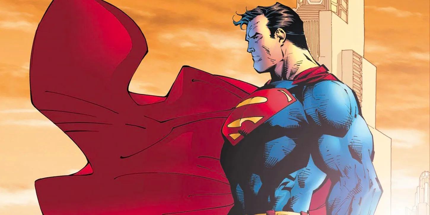 Comic book art: Superman stares to the right as his cape flutters around him. Image