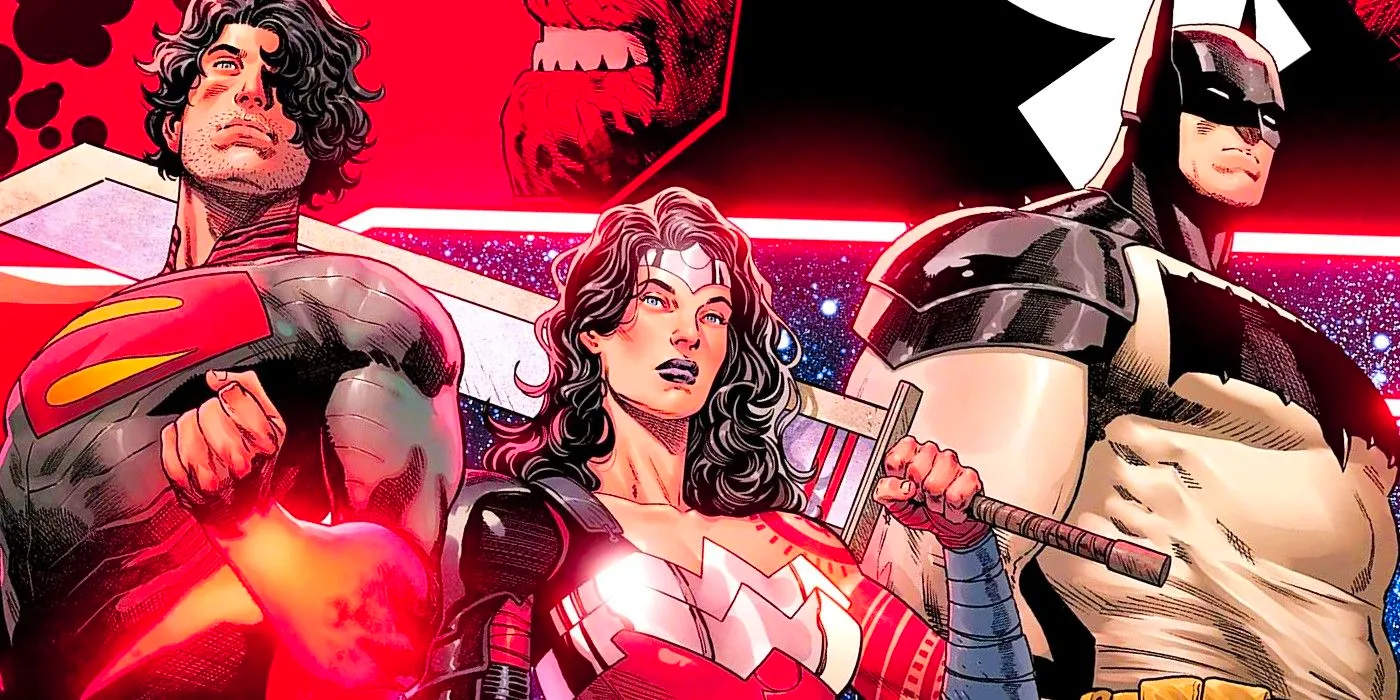 Comic book art: the Absolute Universe versions of Batman, Wonder Woman, and Superman glare menacingly. Image