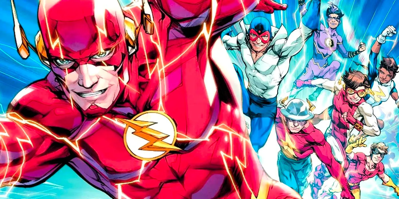 Comic book art: the Flash runs in front of other DC speedsters like Jay Garrick, Max Mercury, Impulse, and more. Image