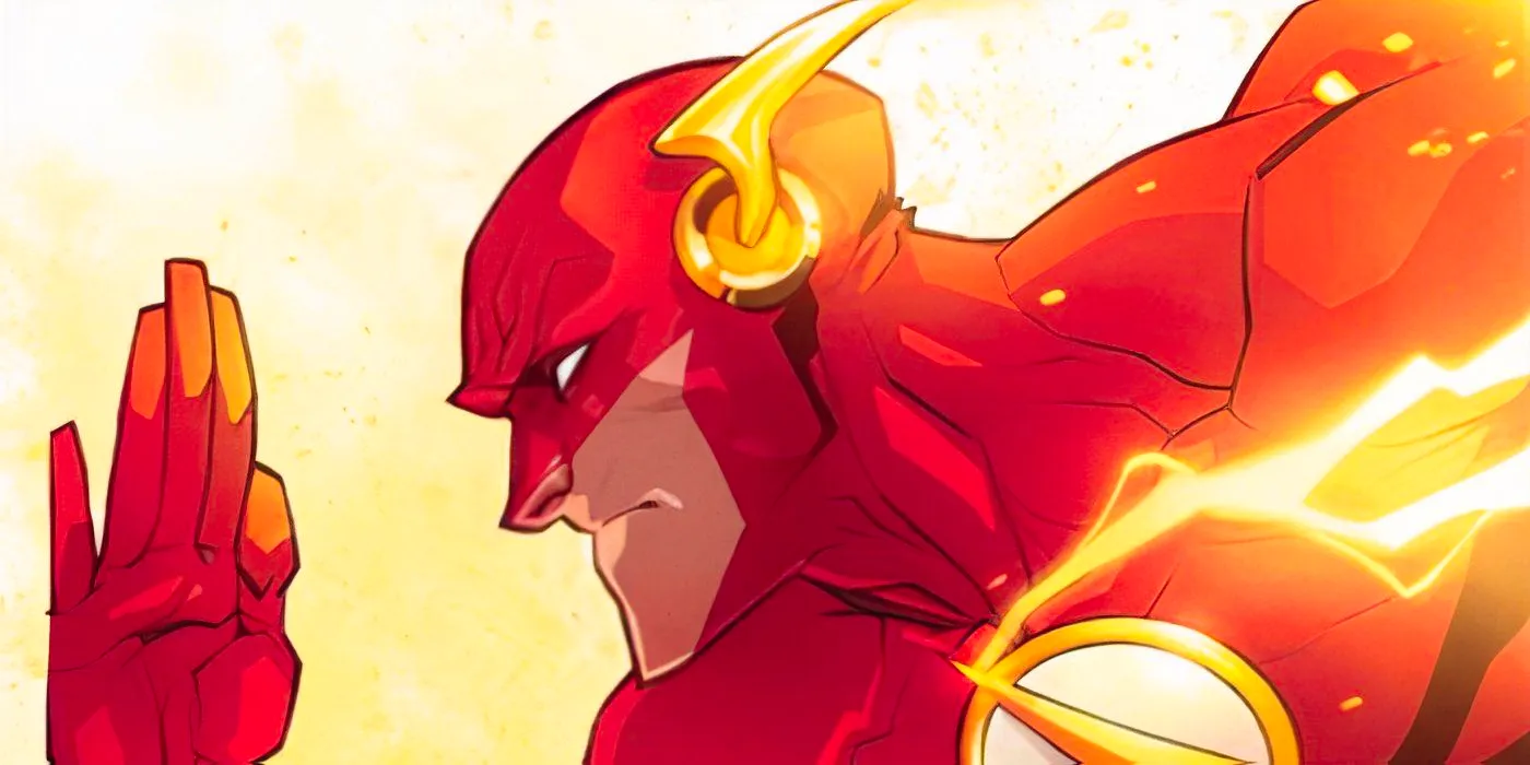 Comic book art: The Flash Wally West runs with a serious face. Image