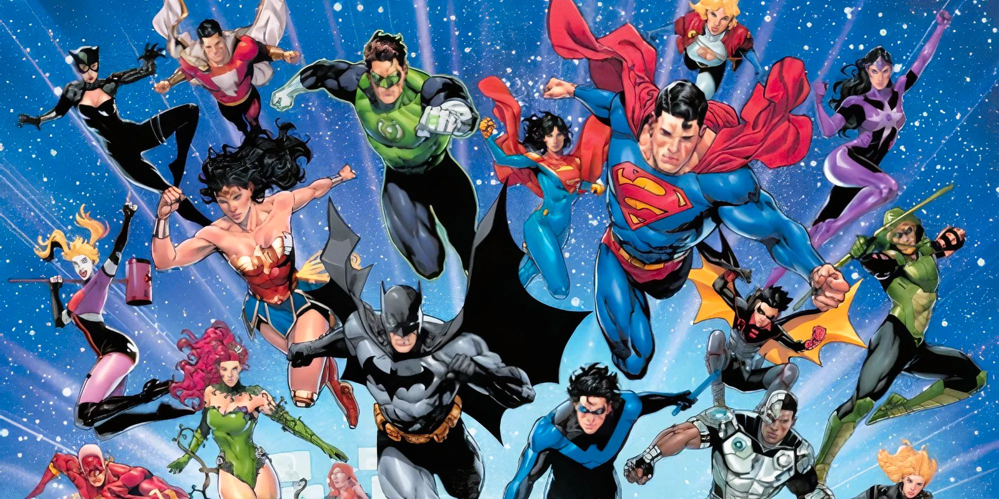 Comic book art: the Justice League flying and leaping forward. Image