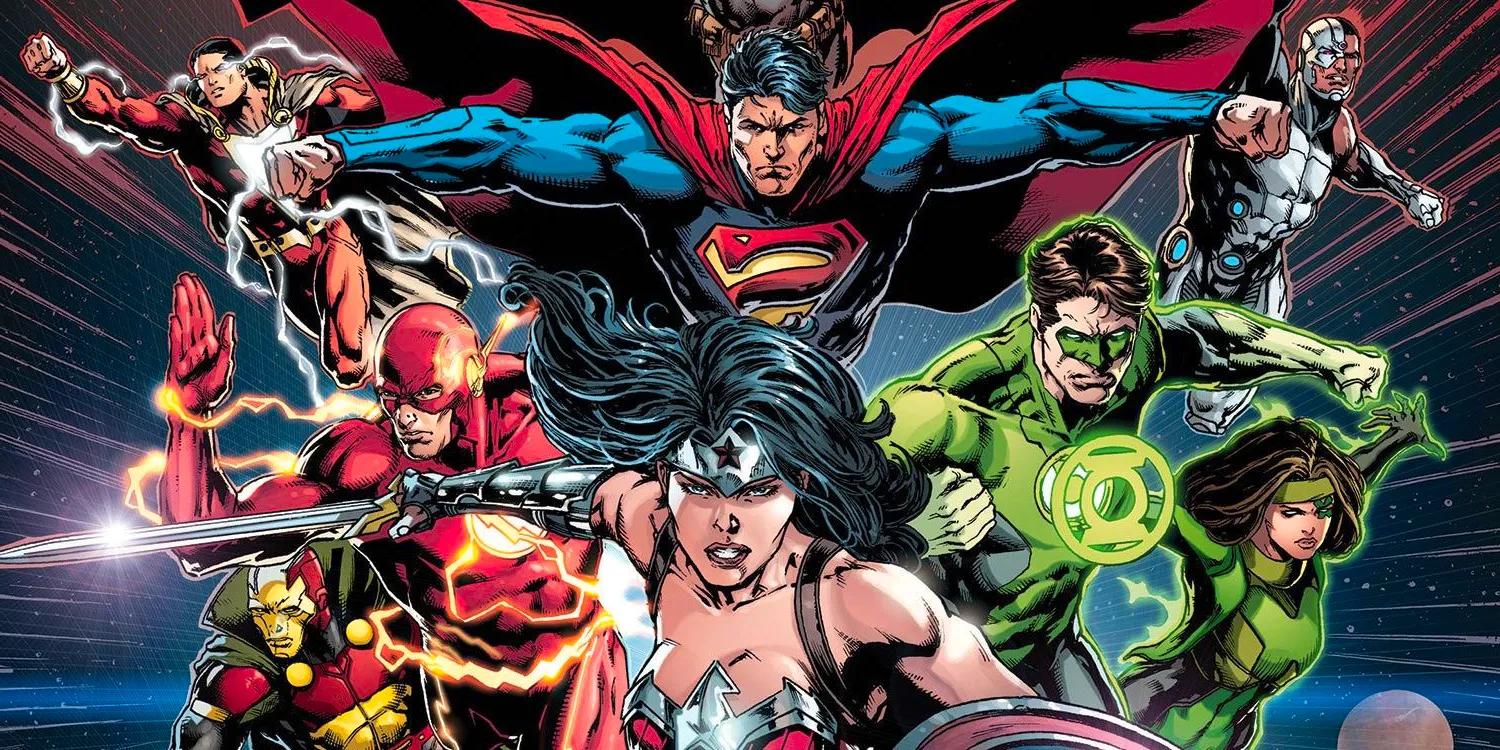 Comic book art: the Justice League leaps forward together. Image