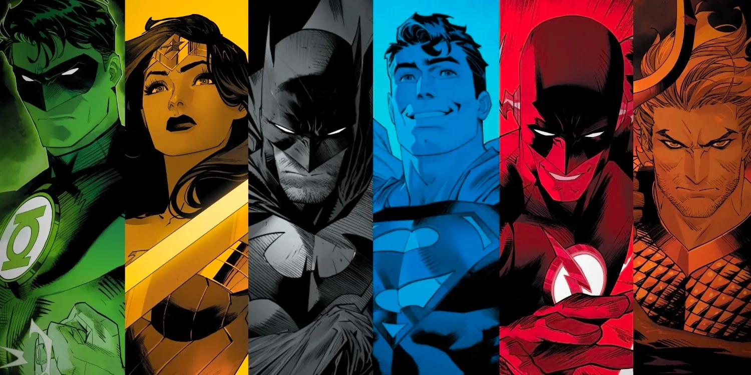 Comic book art: the Justice League rendered in different colors. Image