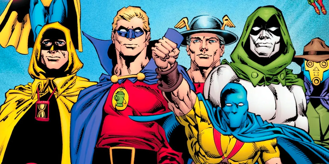 Comic book art: the Justice Society poses together, including Green Lantern Alan Scott and Flash Jay Garrick. Image