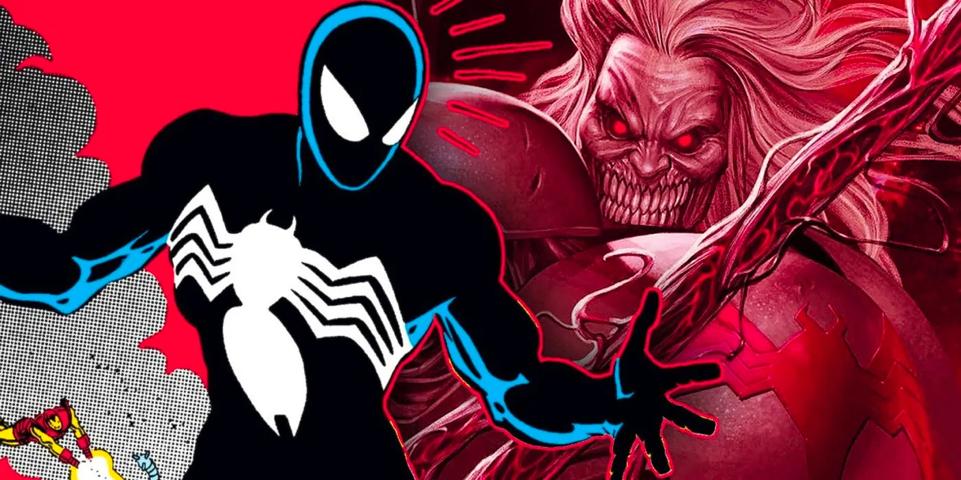 Comic book art: The King in Black (left, background) with black suit Spider-Man (right, foreground.) Image