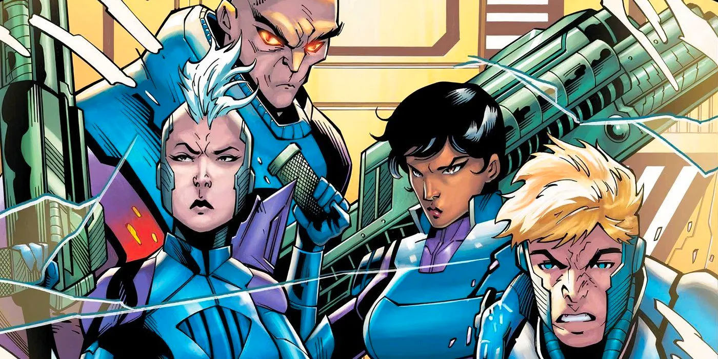 Comic book art: the new team of Sentinels pose together in blue and purple armor with massive weapons. Image