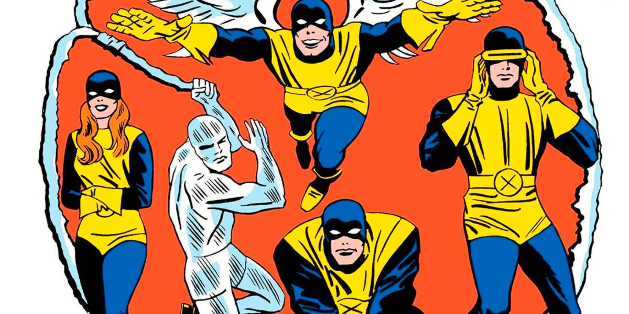 Comic book art: The original five members of the X-Men in a cover for one of their Silver Age comics. Image