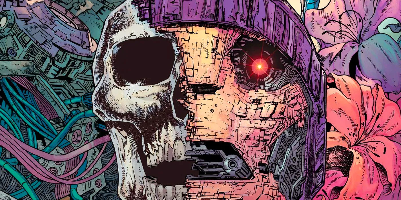 Comic book art: the skull of a broken down Sentinel robot from X-Men lore. Image