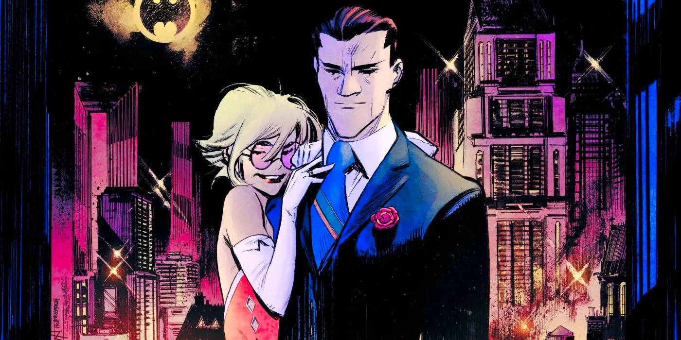 Comic book art: The White Knight version of Joker and Harley Quinn, who look like normal, affluent Gotham citizens. Image