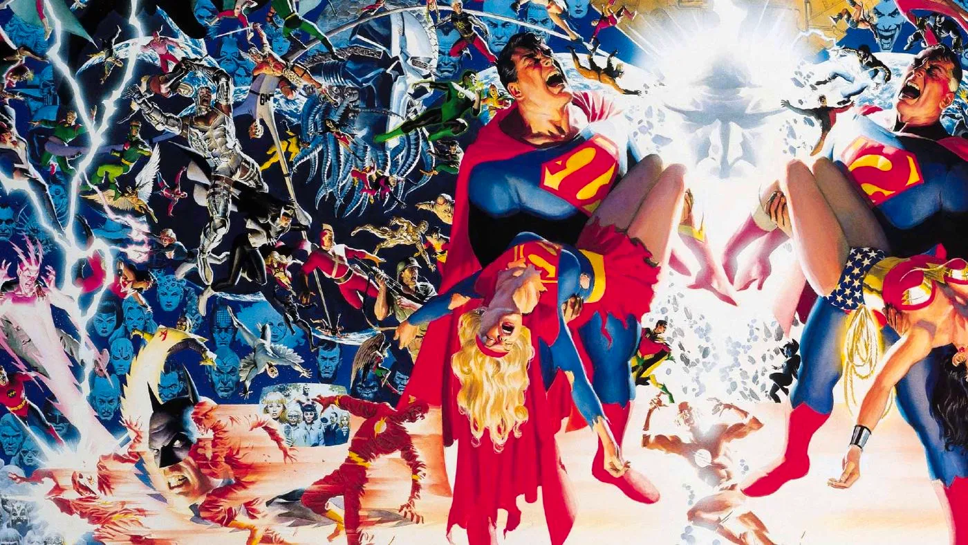 Comic book art: two versions of Superman hold Wonder Woman and Supergirl surrounded by the superheroes of DC's multiverse. Image