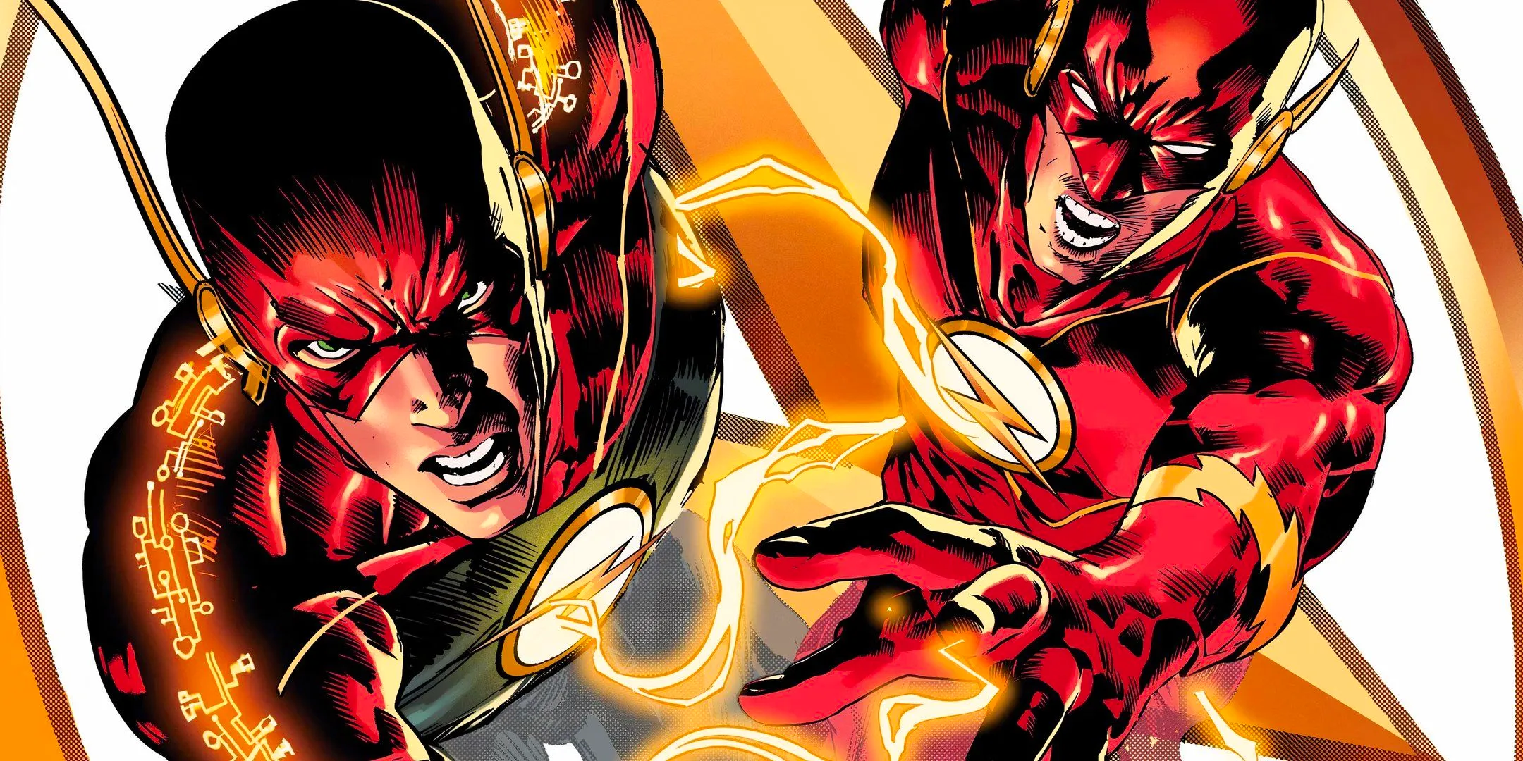 Comic book art: two versions of the Flash Wally West run side by side in front of the Flash logo. Image