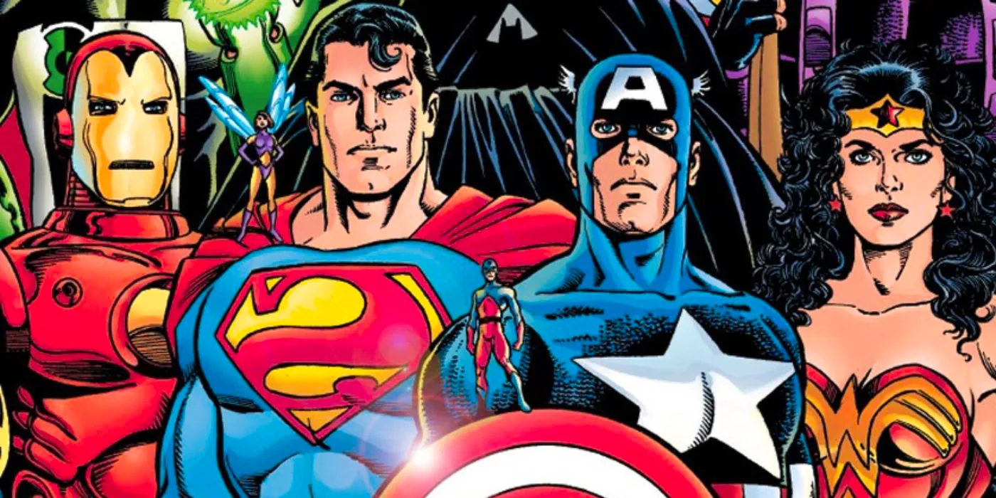 Comic book art: Wonder Woman, Captain America, Superman, Iron Man, and other Avengers and Justice Leaguers stand side by side. Image