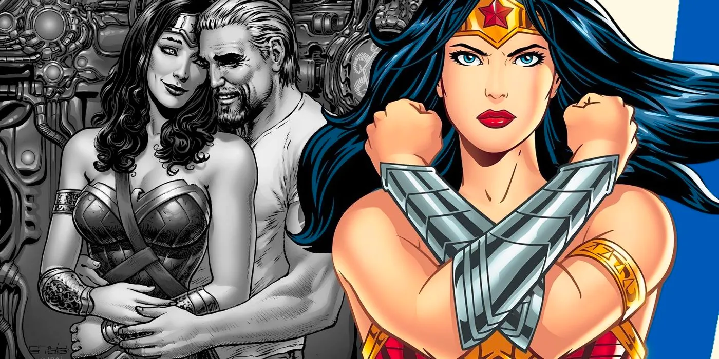 Comic book art: Wonder Woman, in full color, crosses her bracelets in front of a black and white image of Steve Trevor holding her from behind. Image