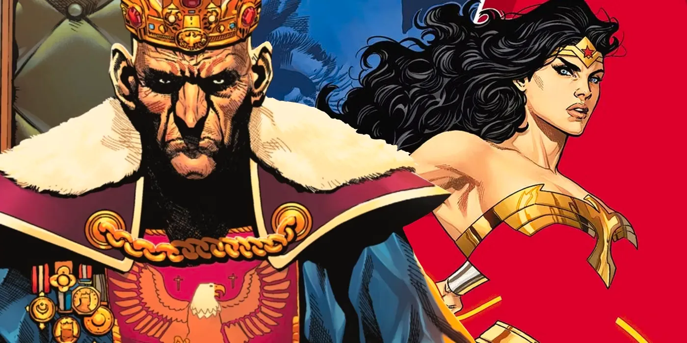 Comic book art: Wonder Woman stands to the left of the Sovereign in regal attire. Image