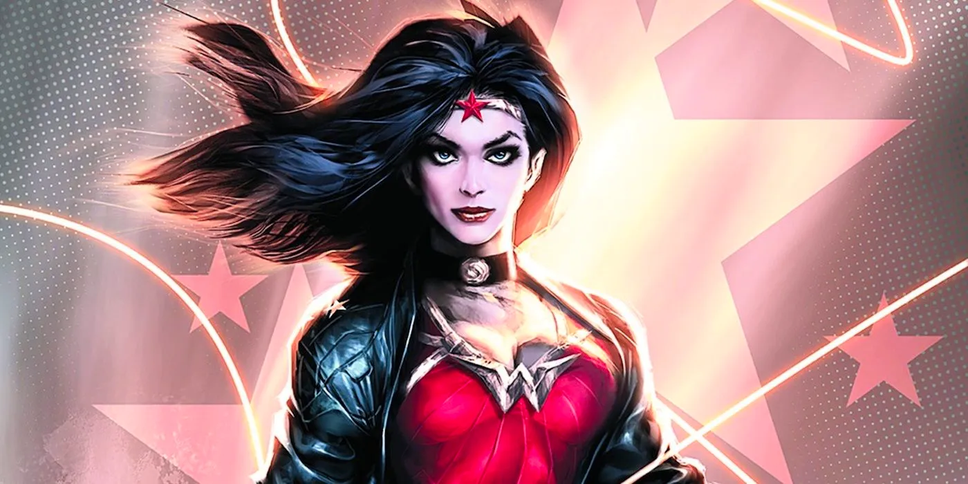 Comic book art: Wonder Woman staring ahead, wearing a leather jacket. Image