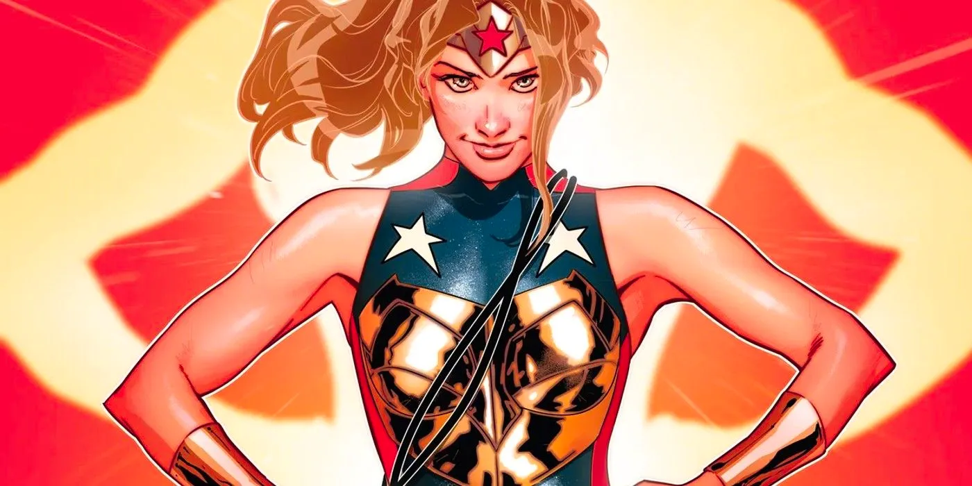 Comic book art: Wonder Woman's daughter Trinity poses with her hands on her hips. Image