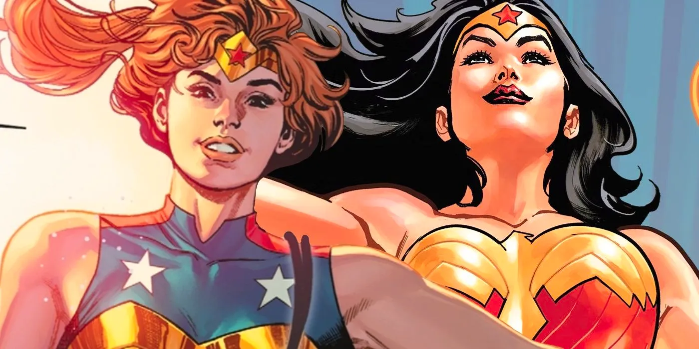 Comic book art: Wonder Woman's daughter Trinity smiles in front of an image of her mother. Image