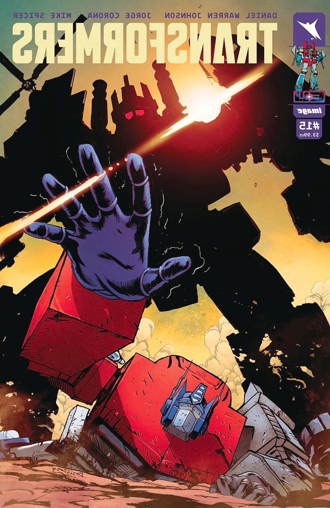 Comic book cover: a Decepticon looms over an Autobot. Image